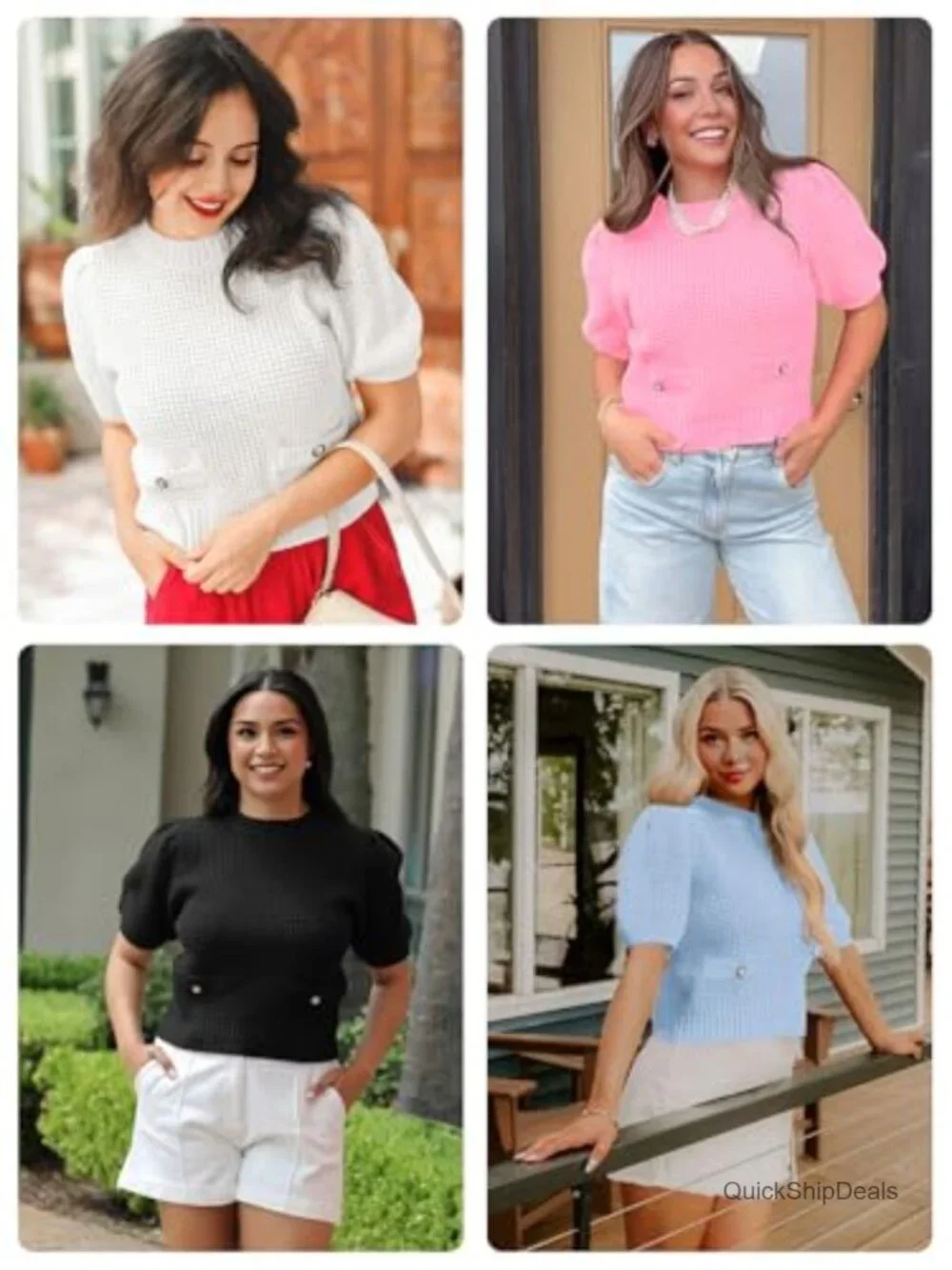 Puff Short Sleeve Cropped Ribbed Knit Lightweight Pullover Crewneck Sweater